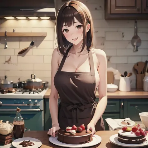  apron、The scene where they are making gateau chocolate、( Masterpiece),( top quality),(High res),blush、 embarrassed face、Smile Tall、 kitchen background