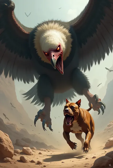 Bald giant evil vulture with red eyes attacking a Pit Bull running to escape 