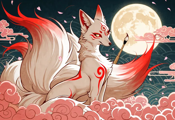 A traditional Japanese ukiyo-e style illustration of a white nine-tailed fox with intricate red markings on its forehead. The fox is surrounded by swirling sakura petals and stylized clouds, with a backdrop of a glowing full moon. The composition features ...