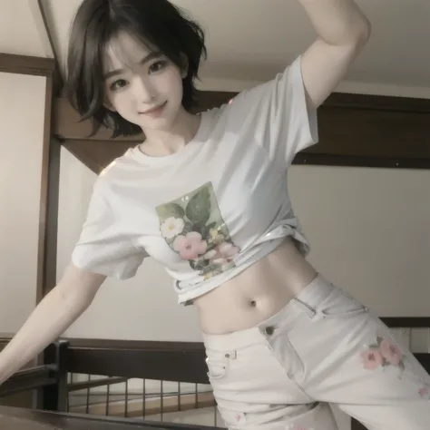 357 (20-year-old woman),( short hair), ( High Definition Photos ), (smile), (Floral T-shirt), ( long pants that float inside)