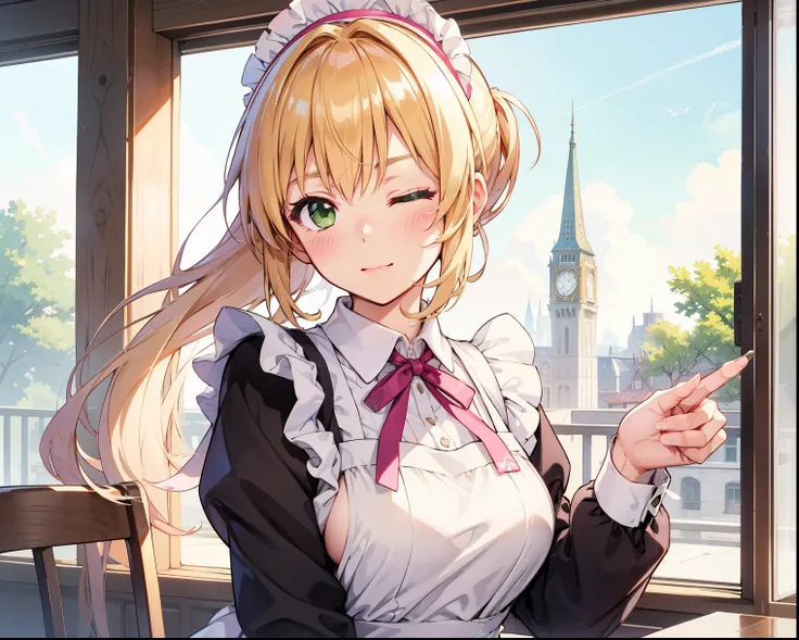  blonde　 long hair　 green eyes　 ponytail on panty　 cute girl　 1 girl　Brown clothes　 frilly apron 　 white apron　 Patissier　 pink ribbon　 Hi-Res,   headpiece,  ribbon hair accessory, accurate,  top quality,  anatomically correct, solo　Single　 kiss　blowing a ...