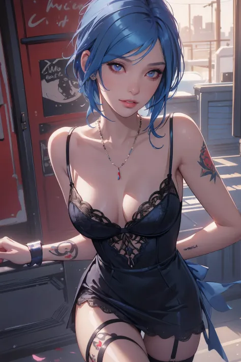 1girl,a beautiful fashion model ,(masterpiece, detailed background, best quality), short and shiny hair, blue hair,smirk,juicy lips,red lips, lingerie, stripping, elegant makeup, exhibitionism, chloe price, alt girl, black tattoos