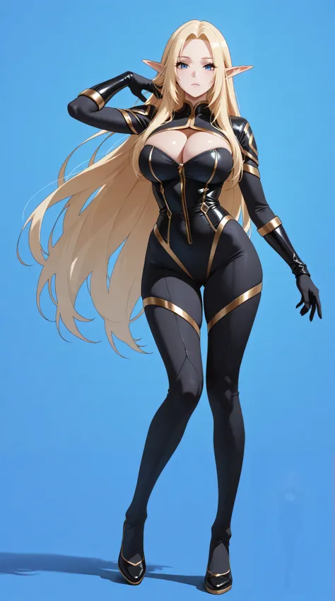 masterpiece,extremely detailed,nsfw,perfect skin texture,4k,solo,1girl, alpha,blue eyes, blonde hair, pointy ears,((black bodysuit)), gold trim, cleavage cutout, black gloves,((fullbody)),slim body,large breasts, sexy legs,perfect body,soft light, high det...