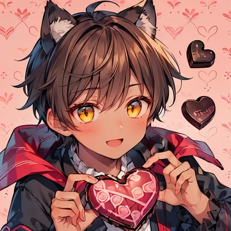 ((1-boy :1.3)),((handsome:1.2)),(( An Adult Man :1.15)),((Alone:1.1)),(yellow eyes:1.15),brown hair,(pink heart pattern background:1.25),((dark skin body:1.2)),((BIG cat ears:1.0)),((heart hands to own eyes:1.0)),(pants under knee length frill dress:1.0),(...