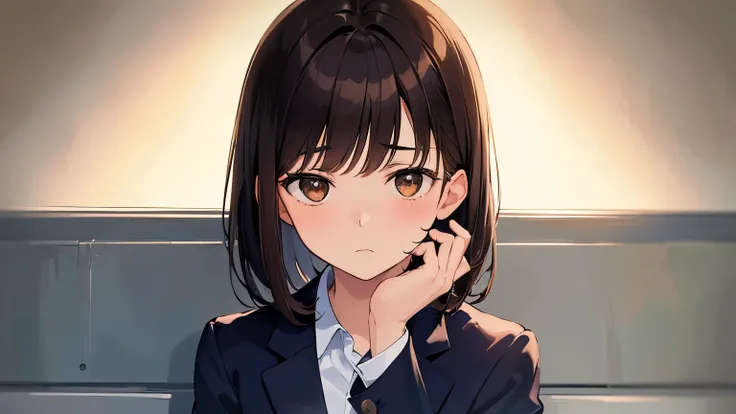 (( top quality )), ((masterpiece)), ( Details), One girl, Short dark brown hair, medium breasts, dark brown eyes, sad face (0.8), sitting in a cold dark basement looking at the floor. She is wearing a navy blue blazer uniform.