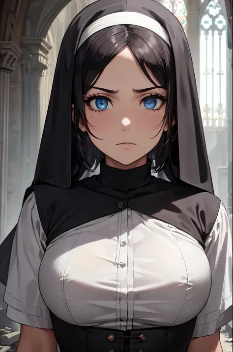 (High quality, High resolution, Fine details), Decaying church in background, Nun, solo, curvy adult women, sparkling eyes, (Detailed eyes:1.2), Angry, Oily skin, Soft tones, shallow depth of field