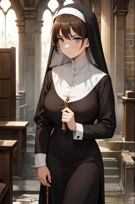 (High quality, High resolution, Fine details), Decaying church in background, Nun, solo, curvy adult women, light brown hair, sparkling eyes, (Detailed eyes:1.2), Angry, Oily skin, Soft tones, shallow depth of field