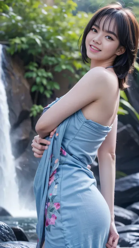 Cute girl wearing sarong dress with seducing pose, big smile, happy, bustling, ((whole body)) turning away facial at viewer, closeup, heavy mountains, misty, fog, woman standing in the waterfall, wet body, soaked body, wet clothes, wet skin, beauty skin, h...