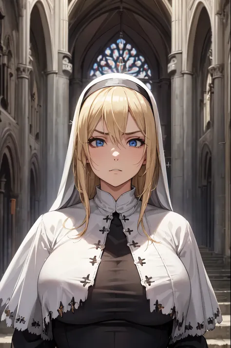 (High quality, High resolution, Fine details), Decaying church in background, Nun, solo, curvy adult women, blonde hair, sparkling eyes, (Detailed eyes:1.2), Angry, Oily skin, Soft tones, shallow depth of field