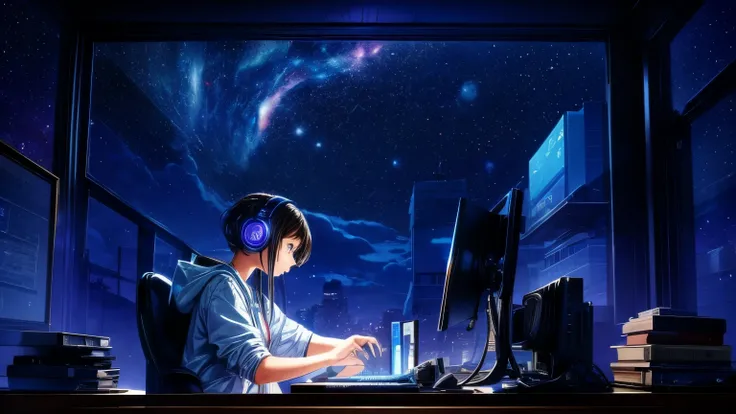 A girl working on a PC while listening to jazz music through headphones, with a starry night sky in the background