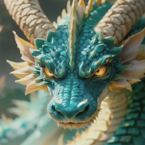 A giant oriental dragon looking down at us 、 A dragon that has beautiful Oriental scales on its body and is turquoise blue and gives off an aura of gold、Rin々 facing the front like 