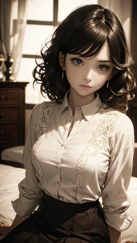 woman with curly hair wearing a skirt and blouse with detailed alluring eyes in a modern bedroom, Masterpiece of the best quality, photorealistic, HDR, shallow depth of field, wide light, high contrast, backlight, bloom, light sparkles, chromatic aberratio...