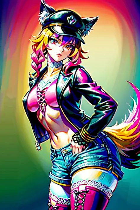 (best quality:2.0), (crisp:2.0), (highres:2.0), (((a rich yellow and pink gradient wolf tail:2.0))), anime, full body:2.0, (single image), (solo beautiful lady:2.0), (masterpiece:2.0), (detailed face:2.0), (detailed eyes:1.4), ((denim shorts:2.0)), ((thick...