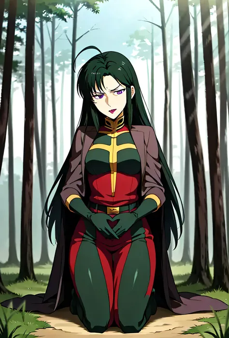  masterpiece,  top quality,  1 girl,Petrine FE ,  long hair,   dark green hair ,  antenna hair,   purple eyes , Purple lips, full body shot,humiliated,in the forest,damaged clothes, Scene of Defeat,kneel down