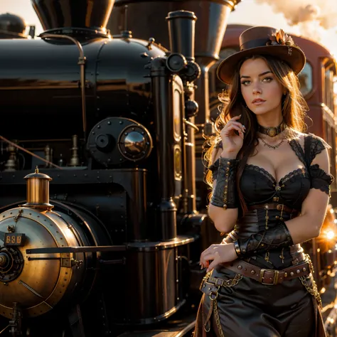 Beautiful steampunk woman in front of a steampunk steam train