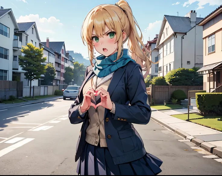   ブロンド　blonde long hair　   green eyes　   ponytail　 cute girl　  high school girl　  pleated skirt、  beige cardigan 　   navy blue blazer 　Large scarf　  Hi-Res,     accurate,    top quality,  解剖学的に  accurate,  residential area 　Outdoors　 making a heart with ha...