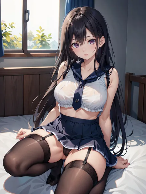  one woman、(( top quality)), ( Hi-Res), (( very detailed))、( Masterpiece)、A beautiful woman who looks like an adult、She is wearing a transparent, transparent sailor suit, mini skirt, bra, and cute panties、(I'm wearing knee-high stockings)、(Lie on the bed w...