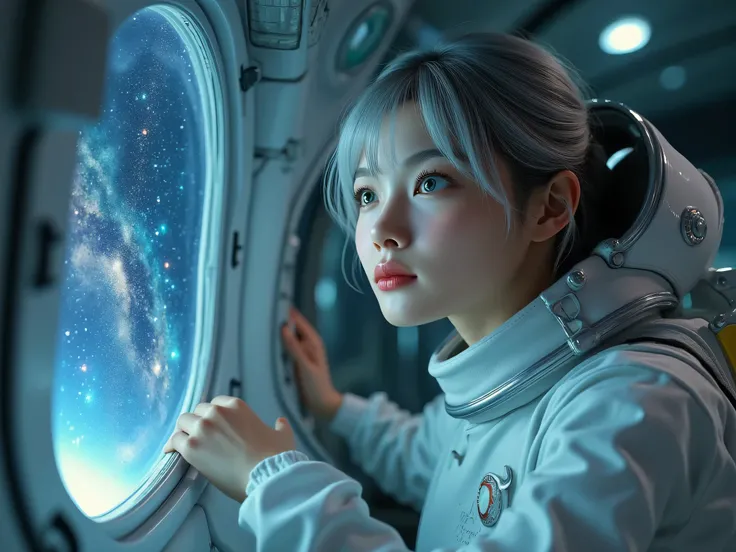 (Close-up of a better masterpiece:1.5)0.9], (Space and astronauts:1.2) (Messy silver hair:1.1) (Heterochromia xanthochromia and blue eyes:1.2) (Space Helmet:1.0) (Colored stars in the eyes:1.0) (A radiant glow:1.1) (thick lips:0.9)This captivating image fe...