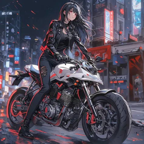 Girl on a motorcycle, Black Leather Jacket, White Shirt, Damaged Jeans , leather boots , Wear a helmet , motorcycle, ผมดำ, Hair color inside, Shoulder length hair, I'm floating, tsurime , Red-eye, split lips, full body, Anime style , depth o...
