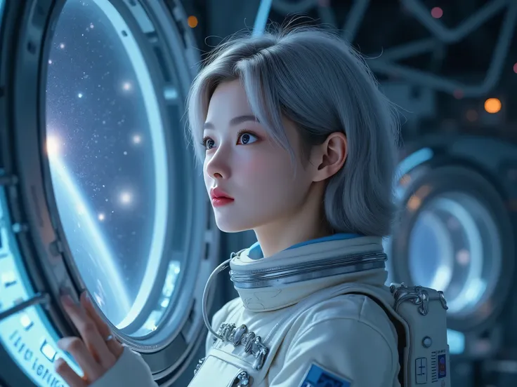 (Close-up of a better masterpiece ,Space and astronauts, Messy silver hair, blue eyes ,wearing Space Helmet(Colored stars in the eyes:1.0) (A radiant glow:1.1) (thick lips:0.9) portrait of a female astronaut gazing longingly out the window of a sleek, meta...