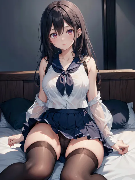  one woman、(( top quality)), ( Hi-Res), (( very detailed))、( Masterpiece)、A beautiful woman who looks like an adult、She is wearing a transparent, transparent sailor suit, mini skirt, bra, and cute panties、(I'm wearing knee-high stockings)、(Lie on the bed w...