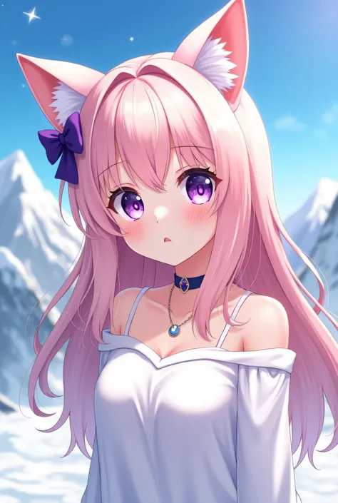   is an animated girl with bright and expressive features. She has long,  light pink hair ,  that is slightly wavy and glitters in the light .  Her hair is decorated with a purple ribbon with a bow ,  that is wrapped around one of her ears .  The girl also...