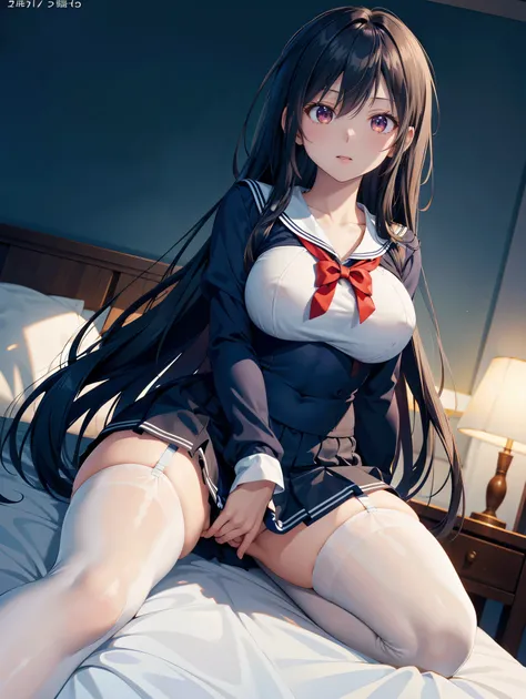  one woman、(( top quality)), ( Hi-Res), (( very detailed))、( Masterpiece)、A beautiful woman who looks like an adult、She is wearing a transparent, transparent sailor suit, mini skirt, bra, and cute panties、(I'm wearing knee-high stockings)、(Lie on the bed w...