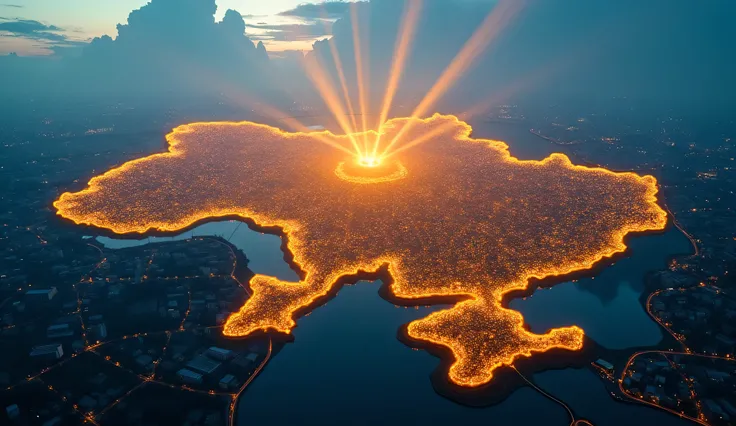 A dramatic and inspiring image showcasing the potential borders of Ukraine, with Kyiv illuminated as the central focal point. The city is bathed in a soft, golden light, highlighting its significance as the heart of a new hub for logistics, finance, medici...