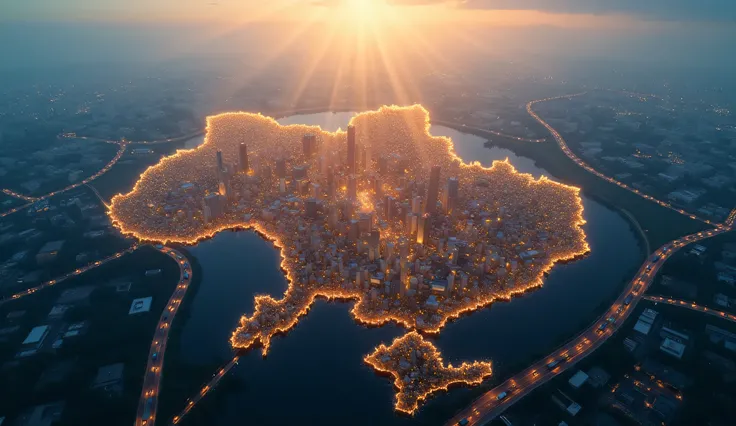 A dramatic and inspiring image showcasing the potential borders of Ukraine, with Kyiv illuminated as the central focal point. The city is bathed in a soft, golden light, highlighting its significance as the heart of a new hub for logistics, finance, medici...