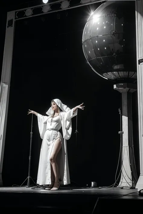  black and white photo of a 1920s woman with a mystical setting of exoteric theater with a large metal solar face on the stage, And a woman in white robes .