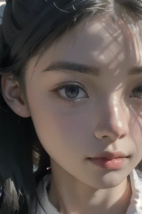 1girll,Light shines on the face, rosy lips, topknot, glowing eyes, hair bun, Surrealism, close-up, Sony FE GM, polar opposites, symmetry, UHD, masterpiece, super detail, high details, highres