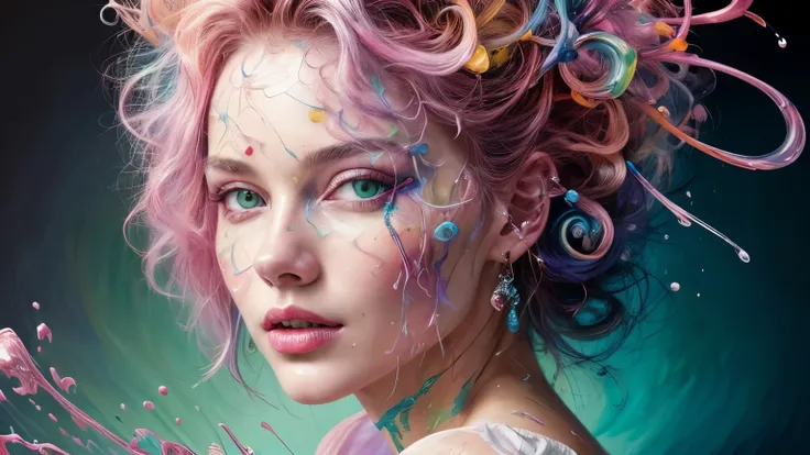 Beautiful and colorful woman: 19 years old woman, messy hair, oil painting, beautiful and perfect face with soft skin, perfect face, pinkish green cores, light and violet magnetic additions, light red additions, Painter, wearing apron or transparent nightg...