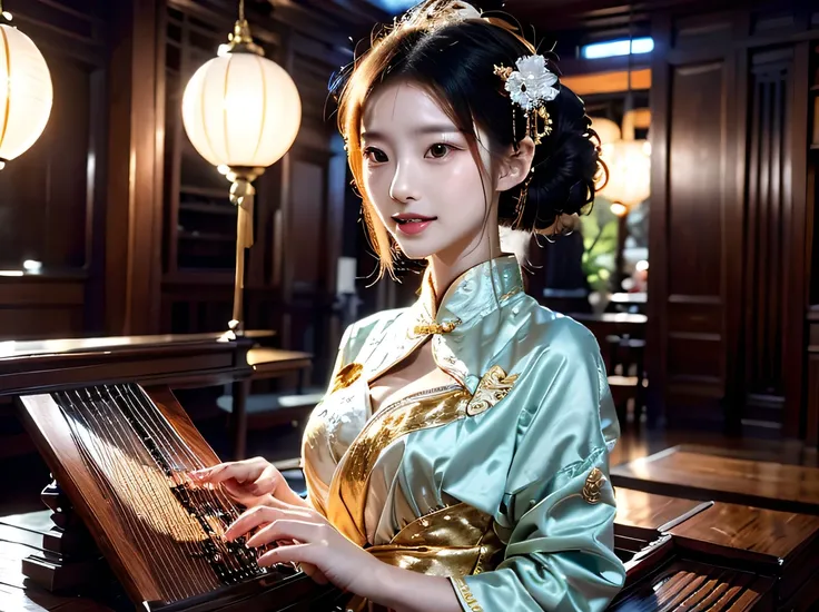 A captivating Asian woman with an elegant updo adorned with golden hair accessories, wearing a stunning blue and gold traditional dress, playing a guzheng with a focused and graceful expression. The background features a traditional Chinese interior with i...