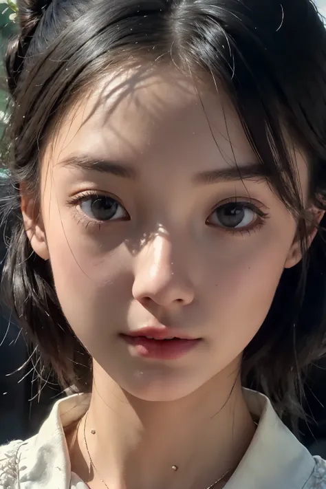 1girll,Light shines on the face, rosy lips, topknot, glowing eyes, hair bun, Surrealism, close-up, Sony FE GM, polar opposites, symmetry, UHD, masterpiece, super detail, high details, highres