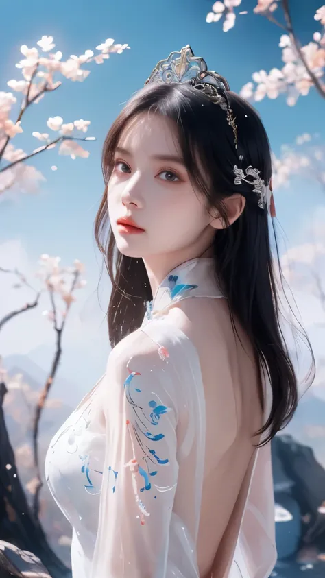 (((masterpiece))),(((best quality))),((ultra-detailed)), ((illustration)),floating, ((an extremely delicate and beautiful)),(beautiful detailed eyes), (painting),(sketch),((neck)),(((back))),(looking back), blush,dhalter dress, backless dress ,hyper detail...