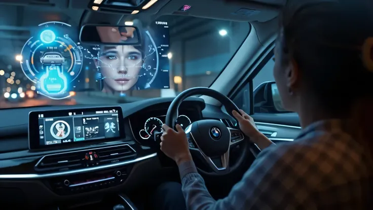 A cinematic ultra HD 8K image of the 2025 BMW X5’s driver monitoring system in action. A small camera near the dashboard scans the driver’s face for signs of drowsiness. The interior glows with ambient lighting, enhancing the futuristic feel.  