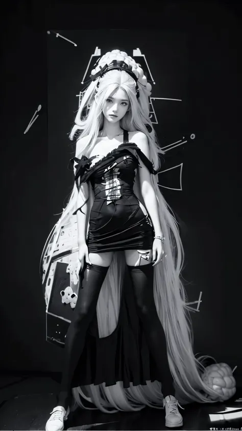   Highest& Masterpiece,Ultra HD 4K,((black and white brainstorm photo :1.6)),((White straight slightly disheveled long hair:1.4)),Adult Girl ,open shoulder one piece dress  