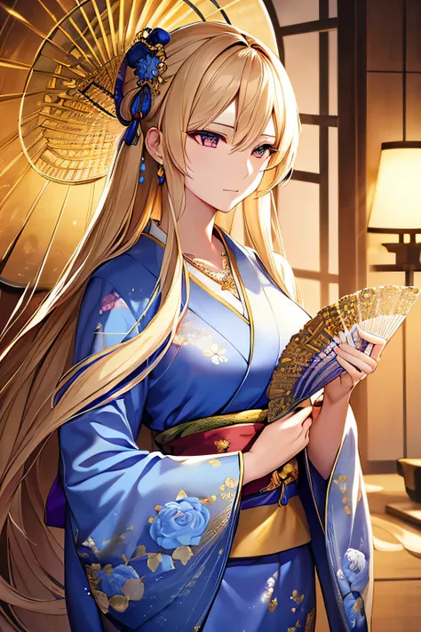 A highly detailed portrait of a slender and elegant Japanese woman with long, straight blonde hair, wearing a formal blue kimono adorned with golden floral patterns. She has a calm and composed expression, with sharp eyes and a slightly aristocratic demean...