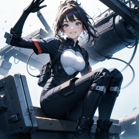  in the seat、 moderate bust、smile、 detailed expressions 、ruanyi0152 、( white background)、 ruanyi0238 、 blue glowing parts 、cable、Complex and precise instruments、Machinery Parts、 high knot ponytail、whole body、 top quality、 Masterpiece、 Hi-Res、 dynamic pose、...