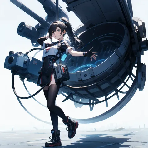  in the seat、 moderate bust、smile、 detailed expressions 、ruanyi0152 、( white background)、 ruanyi0238 、 blue glowing parts 、cable、Complex and precise instruments、Machinery Parts、 high knot ponytail、whole body、 top quality、 Masterpiece、 Hi-Res、 dynamic pose、...