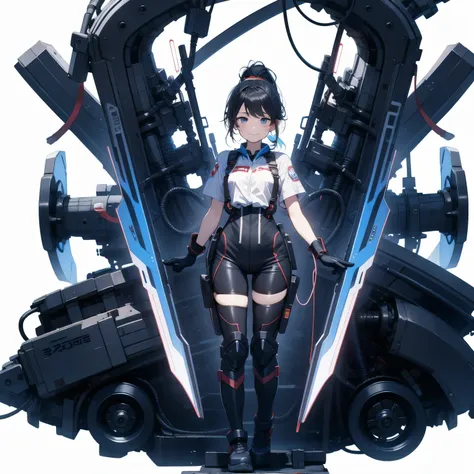  in the seat、 moderate bust、smile、 detailed expressions 、ruanyi0152 、( white background)、 ruanyi0238 、 blue glowing parts 、cable、Complex and precise instruments、Machinery Parts、 high knot ponytail、whole body、 top quality、 Masterpiece、 Hi-Res、 dynamic pose、...