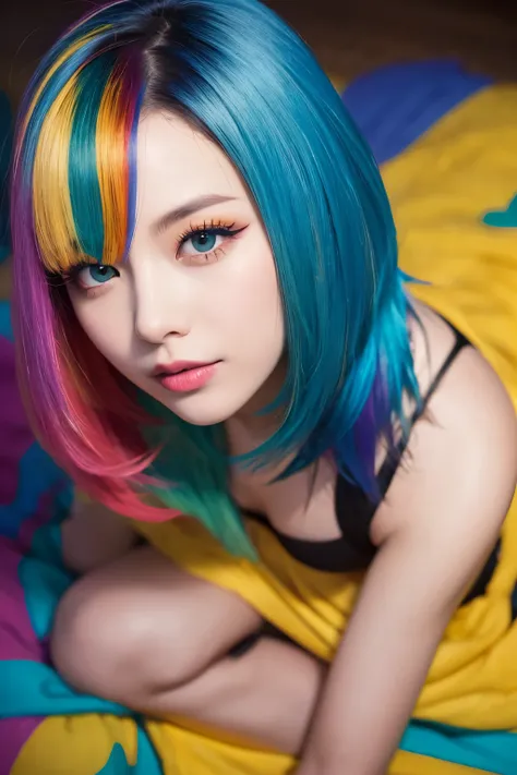  high quality,  realistic、 Hi-Res,  realistic、8k、 Masterpiece,  Details.Impressive、Alone、(high leg:1.4)、 cutting-edge photo portrait of a woman、Expression of happiness、The way you look at someone you love、 yellow、Cyan, and purple, (( her colorful hair is g...