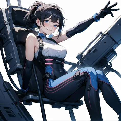  in the seat、 moderate bust、smile、 detailed expressions 、ruanyi0152 、( white background)、 ruanyi0238 、 blue glowing parts 、cable、Complex and precise instruments、Machinery Parts、 high knot ponytail、whole body、 top quality、 Masterpiece、 Hi-Res、 dynamic pose、...