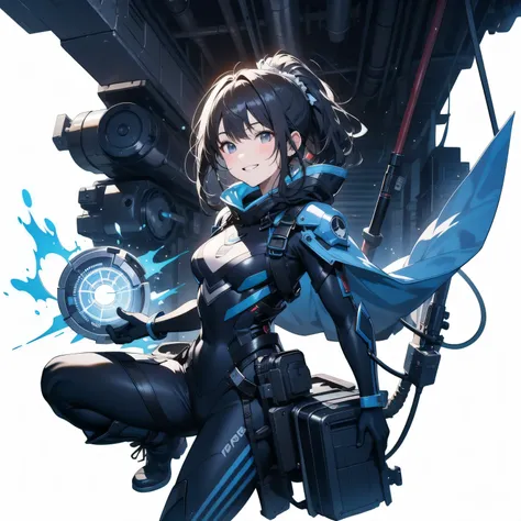  in the seat、 moderate bust、smile、 detailed expressions 、ruanyi0152 、( white background)、 ruanyi0238 、 blue glowing parts 、cable、Complex and precise instruments、Machinery Parts、 high knot ponytail、whole body、 top quality、 Masterpiece、 Hi-Res、 dynamic pose、...