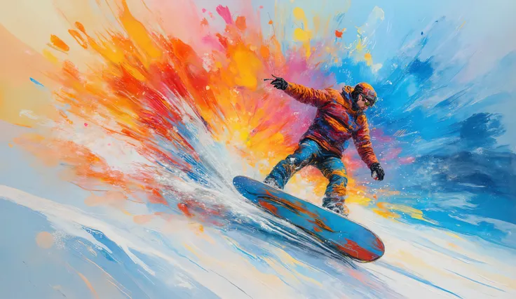 modern mixed media artwork combining winter sports photography and abstract art, worm's eye view of a snowboarder executing an aerial maneuver, explosive paint splashes in cool winter tones mixed with warm accent colors, crystalline snow particles frozen i...