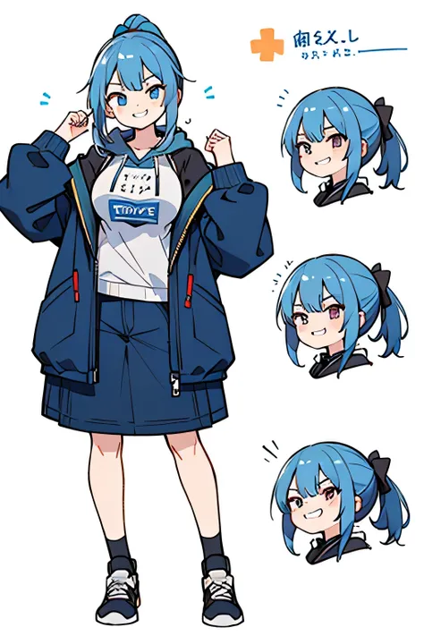 (( top quality)), (( Masterpiece)), ( Details),  one woman、 complicated grooming、 blue hair、 ponytail、 is standing、 hoodie、 Jumper 、 very big jacket、Smirking face、grinning、smile、 tall 、 breasts are big、 white background、 simple background、 full body、