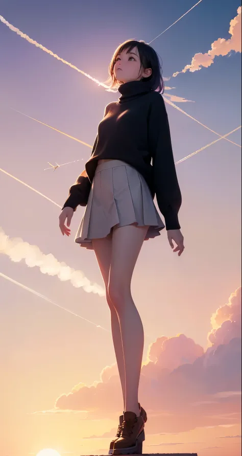  (Best Quality,4K,8k, high resolution on down,masterpiece:1.2), girl looking up at the sky,,(Contrail,Sunset:1.3),Birds flying in the sky,cloud,Soft sweater,Little Star, bright colors Fitted turtleneck sweater,mini skirt,Ample Busts,slenderbody