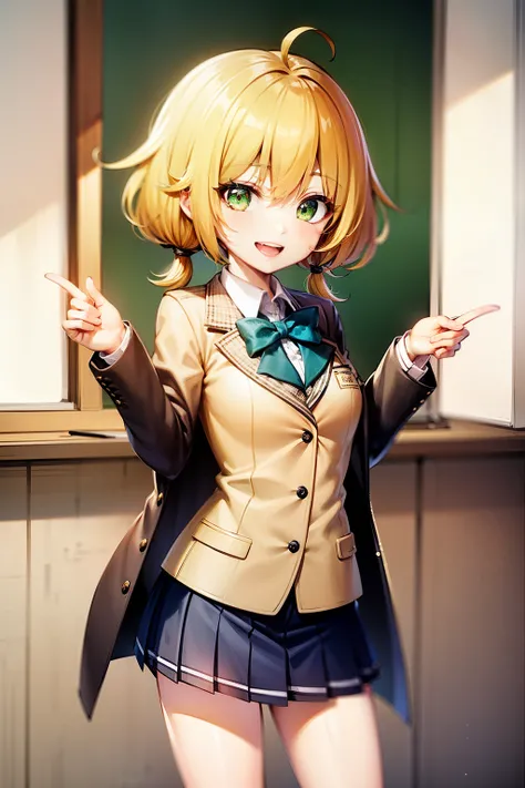 Girl, yellow hair, short, hair, twin tail, hair between eyes, big eyes, green eyes, slender, small breasts, school uniform, jacket, blazer, happy smile, school, standing