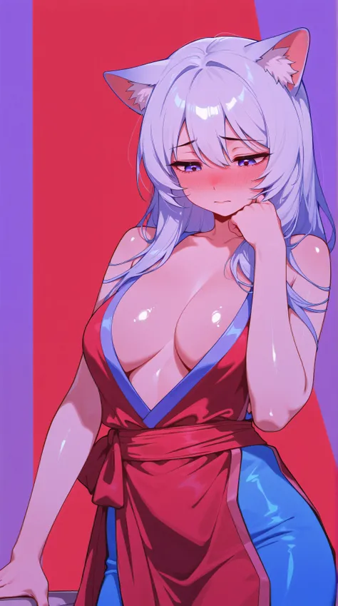 Kizi asian girl, Highly detailed, Amazing work，Vitreous luster, ((clean backdrop))，In purple，(((red colors)))，blue color，white colour，Best quality at best, shiny skin, plunging neckline, cat girl, heavy blushing, no background, purple background, red backg...