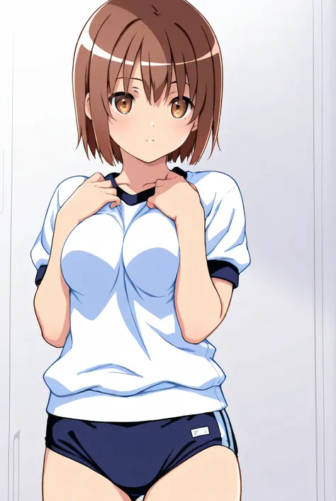 manabe rika \(Djibril The Devil Angel\),short hair,brown hair,medium breasts,brown eyes,gym uniform,dark blue buruma,1girl,solo,